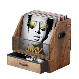 VonDream Armazenamento de discos de vinil com gaveta, caixa de disco de vinil, caixa de metal de mesa e caixa de discos LP de madeira, comporta até 60 discos (antigo)
