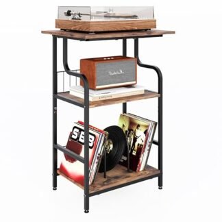 Luwesde Suporte para toca-discos, mesa de toca-discos de 3 níveis, armazenamento de discos de vinil com mesa extragrande, mesa giratória para disco de vinil, suporte para sala de estar - marrom