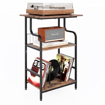 Luwesde Suporte para toca-discos, mesa de toca-discos de 3 níveis, armazenamento de discos de vinil com mesa extragrande, mesa giratória para disco de vinil, suporte para sala de estar - marrom