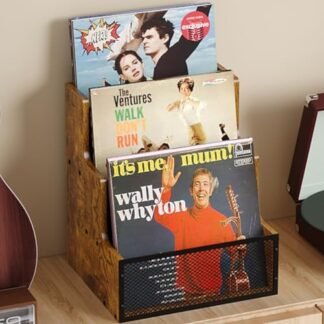 Yuzehuaza Suporte de armazenamento de discos de vinil, caixa de disco de vinil LP de 3 camadas com grade de metal, caixa organizadora de mesa de armazenamento de álbum de madeira para vinil, marrom rústico e preto