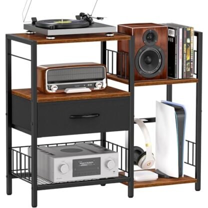 Snughome Suporte de mídia AV, suporte para toca-discos com armazenamento de vinil, comporta até mais de 280 álbuns, prateleiras de armazenamento de álbum de áudio e vídeo para vinil, suporte para