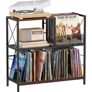 Snughome Suporte grande para toca-discos de vinil, comporta até 300 álbuns, mesa de exibição de disco de madeira com 3 divisórias ajustáveis para suporte de toca-discos, armazenamento de álbum de