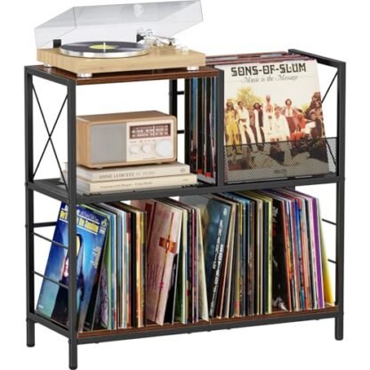 Snughome Suporte grande para toca-discos de vinil, comporta até 300 álbuns, mesa de exibição de disco de madeira com 3 divisórias ajustáveis para suporte de toca-discos, armazenamento de álbum de