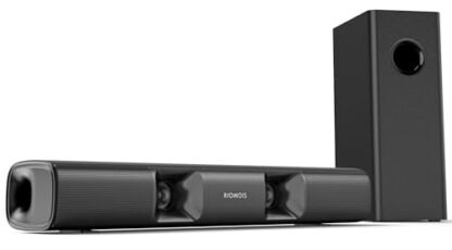 Soundbar Riowois para smart TV, alto-falante compacto de 90 W com subwoofer, sistema de home theater 2.1, canais com som ambiente, vocais nítidos e graves profundos, para TV, PC e projetor.