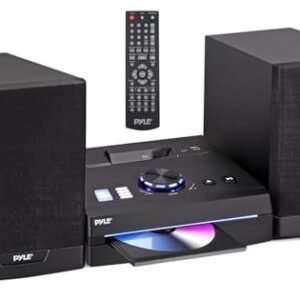 Pyle Sistema de prateleira estéreo doméstico – Transmissão BT sem fio de 60 W com leitor de CD, rádio FM, reprodução USB e cartão SD, som nítido de música bidirecional, controle remoto, alto-falantes