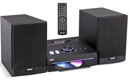 Pyle Sistema de prateleira estéreo doméstico – Transmissão BT sem fio de 60 W com leitor de CD, rádio FM, reprodução USB e cartão SD, som nítido de música bidirecional, controle remoto, alto-falantes