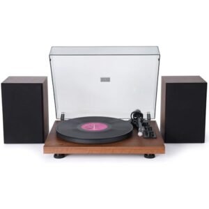 Leitor de discos de vinil, SKEVONO com alto-falantes de estante estéreo de 30 watts, toca-discos com correia de 3 velocidades, gravação Phono USB integrada, saída RCA ajustável, contrapeso