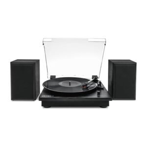 Victrola Montauk toca-discos de vinil, toca-discos acionado por correia de 3 velocidades com par de alto-falantes Bluetooth estéreo, saída RCA e conector de fone de ouvido de 3,5 mm, capa antipoeira