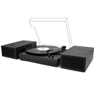LP&No.1 Toca-discos com alto-falantes externos, toca-discos de vinil vintage de 3 velocidades com reprodução sem fio e parada automática (preto