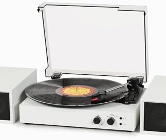 TANLANIN Leitor de discos com alto-falantes externos – toca-discos Bluetooth vintage para discos de vinil, 3 velocidades, com dois alto-falantes estéreos, codificação de PC, RCA/AUX/fone de ouvido