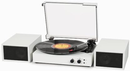 TANLANIN Leitor de discos com alto-falantes externos – toca-discos Bluetooth vintage para discos de vinil, 3 velocidades, com dois alto-falantes estéreos, codificação de PC, RCA/AUX/fone de ouvido