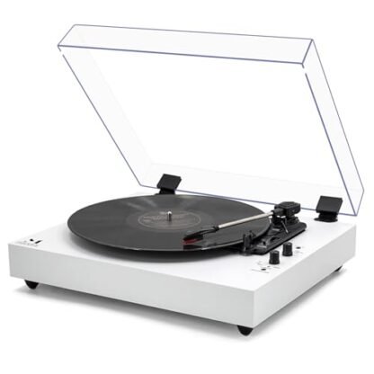 Toca-discos vintage de 3 velocidades com entrada sem fio com alto-falantes estéreo embutidos, parada automática, saída RCA, couro branco