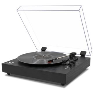 Leitor de discos de entrada sem fio estilo vintage de 3 velocidades, alto-falantes duplos premium integrados, acionamento por correia, saída RCA, entrada auxiliar, prato giratório de tamanho completo, (Equipamentos)