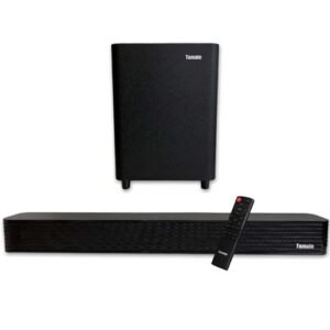 Kit Soundbar e Subwoofer Som de Cinema 2.1 Canais e Tecnologia Imersiva Entrada Óptica Coaxial USB e BT Acompanha Controle - Tomate
