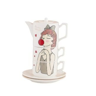 Conjunto de chá de cerâmica criativo bonito coração pequeno copo de café fresco para escritório casa restaurante café casa de chá lounge bar-uma panela, duas xícaras, dois pratos -5