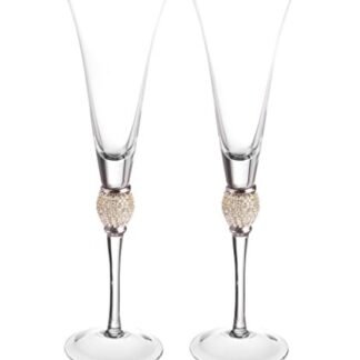 Conjunto de 2 taças de vinho douradas com aro Trinkware – Flutes de champanhe de strass "DIAMOND" cravejadas – haste longa, 473 ml, 25,4 cm de altura – Vidro elegante e talheres, Prata, Flute - Set of 2, 1