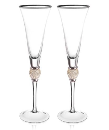 Conjunto de 2 taças de vinho douradas com aro Trinkware – Flutes de champanhe de strass "DIAMOND" cravejadas – haste longa, 473 ml, 25,4 cm de altura – Vidro elegante e talheres, Prata, Flute - Set of 2, 1
