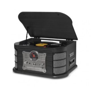 Vitrola Raveo Spazio Ebony com Toca-discos de 3 velocidades, Rádio FM, CD e Cassete players, USB e SD (reproduzem e gravam), entrada e saída auxiliares e tecnologia de conexão Bluetooth.