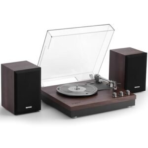 Retrospiler Toca-discos, toca-discos de 3 velocidades com dois alto-falantes externos de 15 W, entrada Bluetooth, entrada auxiliar, reprodução USB e gravação LP-MP3, leitor de vinil vintage, madeira