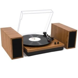 LP&No.1 Toca-discos de vinil, sistema Hi-Fi toca-discos sem fio com alto-falantes estéreos, pré-amplificador Phono integrado, correia de 3 velocidades, madeira amarela
