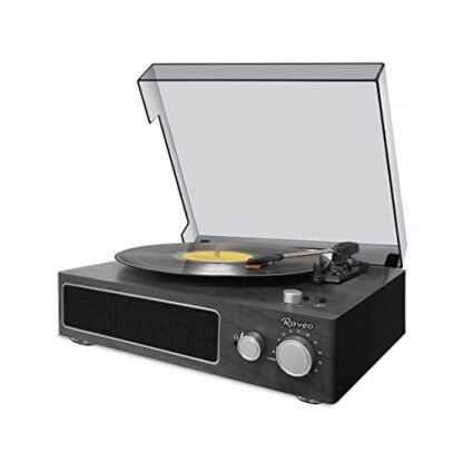 Raveo Vitrola Studio Ebony com Toca-discos, Rádio FM, USB, saída auxiliar e fone de ouvido e tecnologia de conexão Bluetooth, Cor: PRETO
