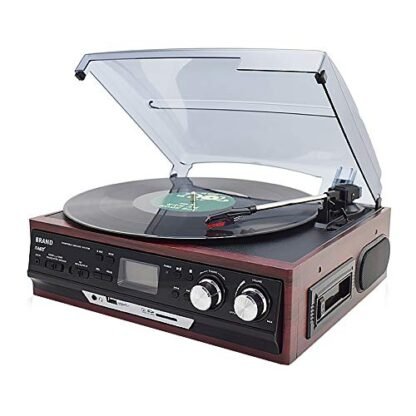 Yajun toca-discos de vinil com alto-falantes estéreo integrados suportam cartão USB/SD cassete rádio FM multifuncional para casa, gramofone escuro