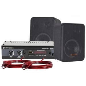 HAYONIK, Kit de Som Ambiente, 200W, Com 2 Caixas Pretas, 1 Amplificador e Cabos para Ligação, Entrada Óptica, USB, Cartão SD, Entrada Auxiliar, Mic, Bluetooth, Rádio FM - AMBIENCE 2000 OD V2