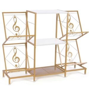 HYCFYJR Suporte para toca-discos com armazenamento de discos de vinil, suporte para toca-discos com prateleira de vinil de 4 camadas e moldura de metal, suporte de disco para sala de estar, dourado e (Equipamentos)