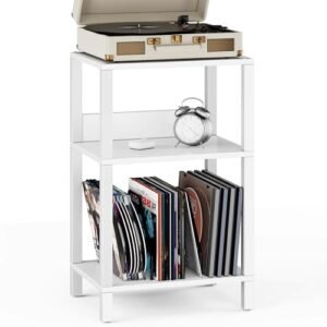 TUTOTAK Suporte para toca-discos com armazenamento de até 100 álbuns, mesa de armazenamento de discos, mesa de canto de 3 níveis, mesa lateral para sala de estar, quarto, branco TB01BW075 (Equipamentos)
