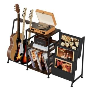 Hosfais Suporte para toca-discos, suporte de guitarra de 3 níveis para acústico, guitarra elétrica, baixo, armazenamento de discos de vinil até 250 álbuns, prateleira de discos marrom para sala de (Equipamentos)