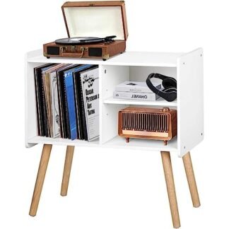 Suporte para toca-discos de meados do século, suporte de armário de discos de vinil com armazenamento de até 100 álbuns, mesa para toca-discos para sala de estar, quarto, escritório, suporte para toca-discos com pernas de madeira, branco (Equipamentos)