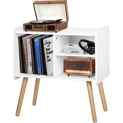 Suporte para toca-discos de meados do século, suporte de armário de discos de vinil com armazenamento de até 100 álbuns, mesa para toca-discos para sala de estar, quarto, escritório, suporte para toca-discos com pernas de madeira, branco (Equipamentos)
