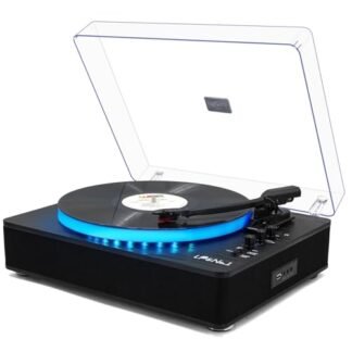 LP&No.1 Leitor de discos com altifalantes estéreo integrados, controlo LED, placa giratória de 3 velocidades para discos de vinil e música digital sem fios com reprodução e gravação USB,