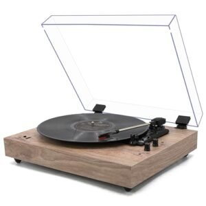 Toca-discos vintage de 3 velocidades com entrada sem fio com alto-falantes estéreo embutidos, parada automática, saída RCA, madeira clara