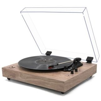 Toca-discos vintage de 3 velocidades com entrada sem fio com alto-falantes estéreo embutidos, parada automática, saída RCA, madeira clara