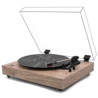 Toca-discos vintage de 3 velocidades com entrada sem fio com alto-falantes estéreo embutidos, parada automática, saída RCA, madeira clara