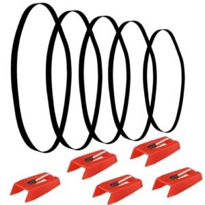 Pacote com 5 agulhas de substituição para toca-discos com agulhas de toca-discos (vermelho), 5 peças de cintos para toca-discos, substituição de correia para toca-discos (Equipamentos)