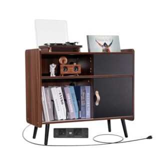 VEVOR Suporte para toca-discos com tomada, suporte para toca-discos com capacidade para até 350 álbuns, mesa de toca-discos com armazenamento de discos de vinil vintage para sala de estar, quarto, (Equipamentos)