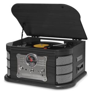 Vitrola Raveo Spazio Ebony com Toca-discos de 3 velocidades, Rádio FM, CD e Cassete players, USB e SD (reproduzem e gravam), entrada e saída auxiliares e tecnologia de conexão Bluetooth.