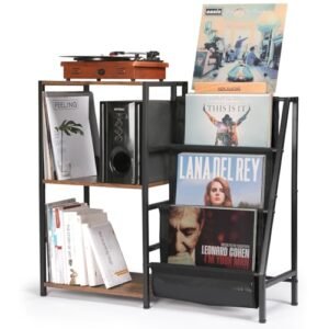 HYCFYJR Suporte para toca-discos, armazenamento de discos de vinil de 3 níveis, suporte de toca-discos com suporte para tocar, exibição de vinil para sala de estar, marrom rústico (Equipamentos)