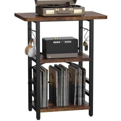YAKANJ Suporte para toca-discos com mesa estendida, mesa grande para toca-discos com armazenamento de vinil, suporte para toca-discos com suporte de vinil para sala de música, estúdio, retrô (Equipamentos)