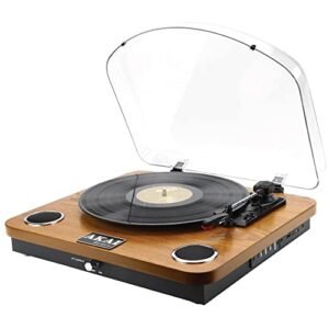 AKAI - Tocadiscos Bluetooth, Gira-discos de vinil vintage 33/45/78 RPM, altifalantes estéreo incorporados, gravação de vinil, USB, saída de áudio RCA, leitor de cartões SD, madeira natural