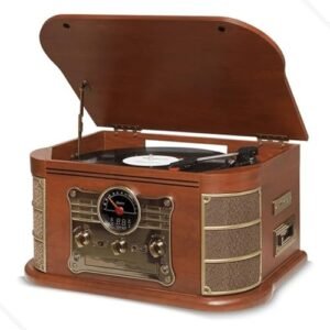 Raveo Vitrola Spazio com Toca-discos de 3 velocidades, Rádio FM, CD e Cassete players, USB e SD (reproduzem e gravam), entrada e saída auxiliares e tecnologia de conexão Bluetooth., Grande