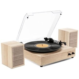 RetroBeat - Reprodutor de discos de vinil, altifalantes externos clássico de 3 velocidades Bluetooth LP, gira-discos de condução por correia com altifalantes estéreo, reprodução sem fios e parada