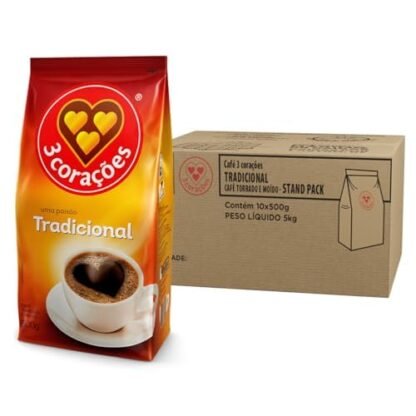 3 Corações Café Torrado e Moído Tradicional, Pacote 500g - 10 unidades