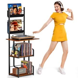 TJ.MOREE Suporte para toca-discos com armazenamento de vinil, mesa alta para toca-discos com suporte para toca-discos e suporte para discos, prateleira de exibição de vinil de até 210 álbuns, (Equipamentos)