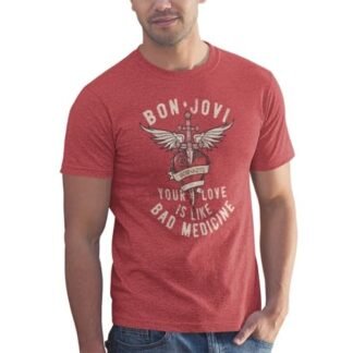 Camiseta adulta Bon Jovi 1983 American Rock Band Bad Medicine vermelha mesclada, Urze vermelho, GG (Camisetas)