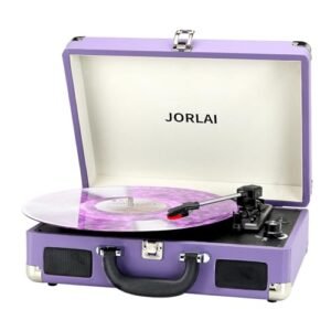JORLAI Leitor de discos vinil de 3 velocidades com Bluetooth toca-discos vintage bateria embutida suporte de mala portátil aux em RCA entrada de fone de ouvido roxo