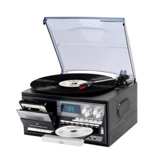 Toca-discos vintage 9 em 1 com alto-falantes embutidos, rádio AM/FM, leitor de CD e cassete, reprodução USB/SD Bluetooth, controle remoto, entradas AUX e RCA, fone de ouvido para fãs de música (Equipamentos)