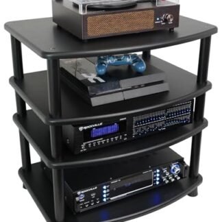 Rockville FLX Suporte de áudio preto ajustável com 4 prateleiras para home theater, 61 x 45 cm, limite de 136 kg, tubos de aço, perfeito para home theaters, estúdios (Equipamentos)